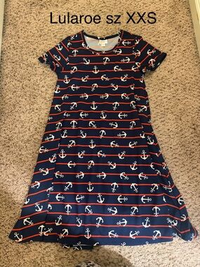 LuLaRoe Navy, White & Red Anchor Stripe Dress sz XXS